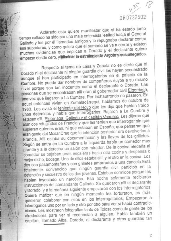 Felipe Bayo guardia zibilak Lasa-Zabala auziaren instrukzioak iraun zuen bitartean epailearen aurrean egindako hainbat deklarazio