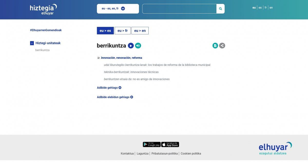 Elhuyar hiztegiaren webgune berriaren itxura.