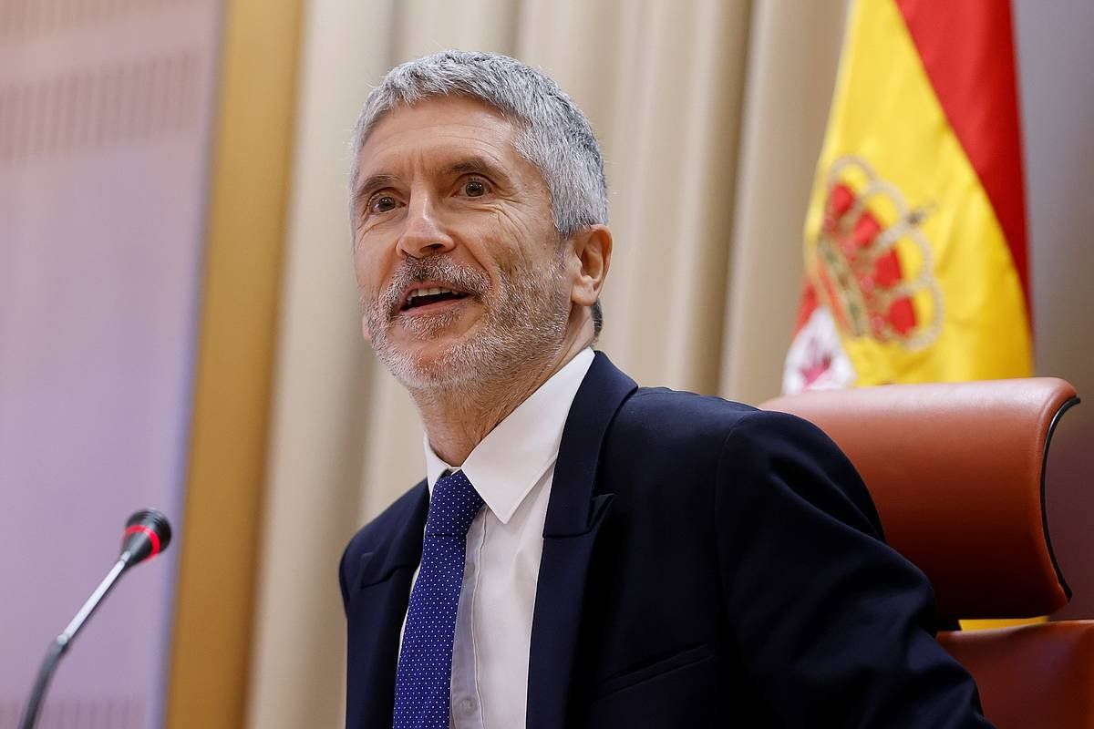 Fernando Grande-Marlaska Espainiako Barne ministroa, gaur, Madrilen eginiko agerraldian. MARISCAL / EFE