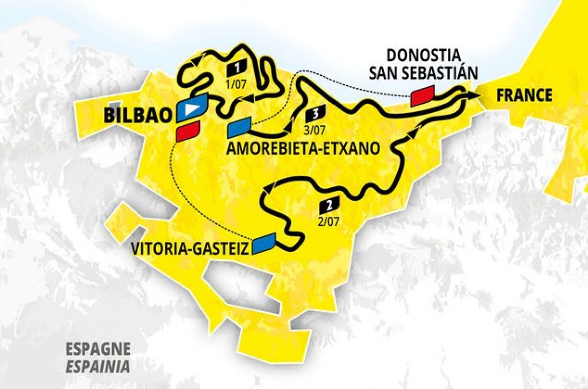 Frantziako Tourraren antolakuntzak gaur zabaldu duen mapa. Euskal Herrian egitekoak diren hiru etapen ibilibidea erakusten du, baina Iruneraino bakarrik. FRANTZIAKO TOURRA