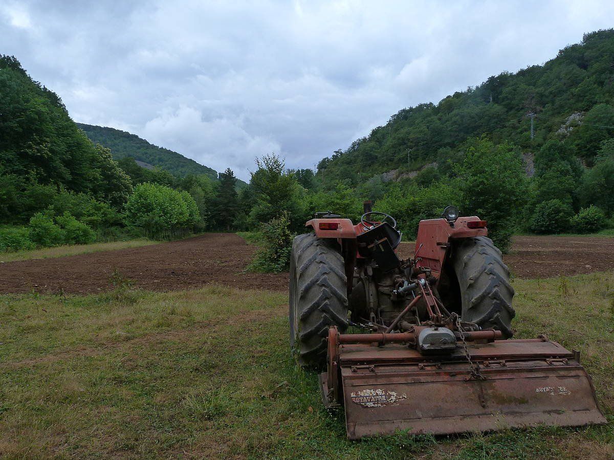 Traktore bat soro batean, artxiboko irudi batean. IPAR EUSKAL HERRIKO