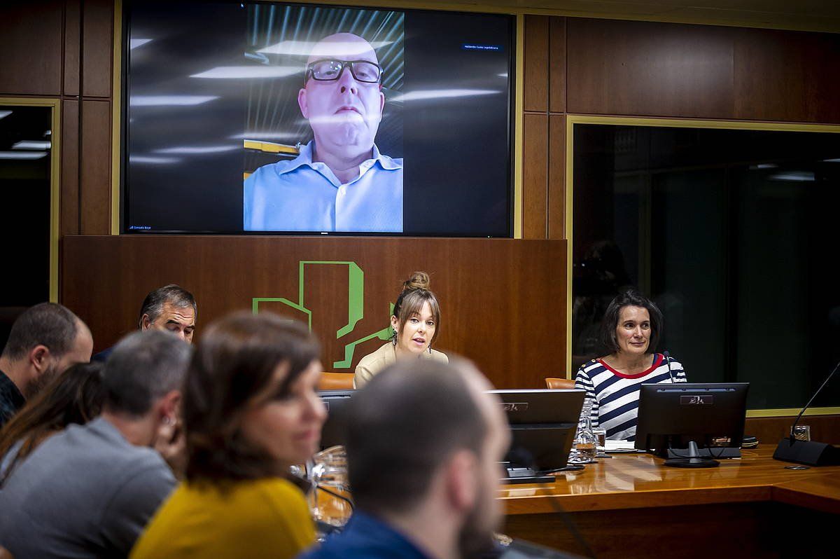 Pablo Gonzalezen bikotekide Oihana Goiriena eta Gonzalo Boye abokatua (telematikoki), Eusko Legebiltzarrean eginiko agerraldian. JAIZKI FONTANEDA / FOKU