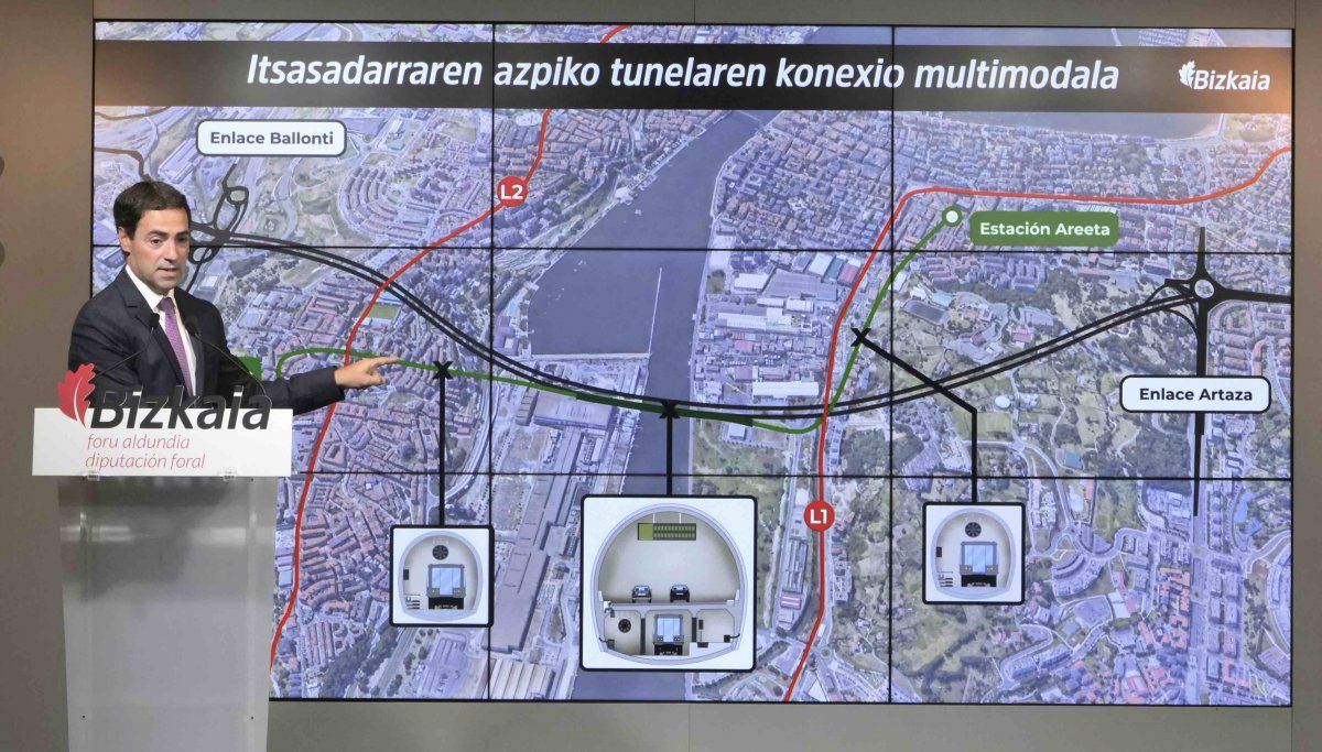 Imanol Pradales Sestao e Areetako metro geltokiak lotuko ditun trenaren aurkezpenan. BIZKAIKO FORU ALDUNDIA