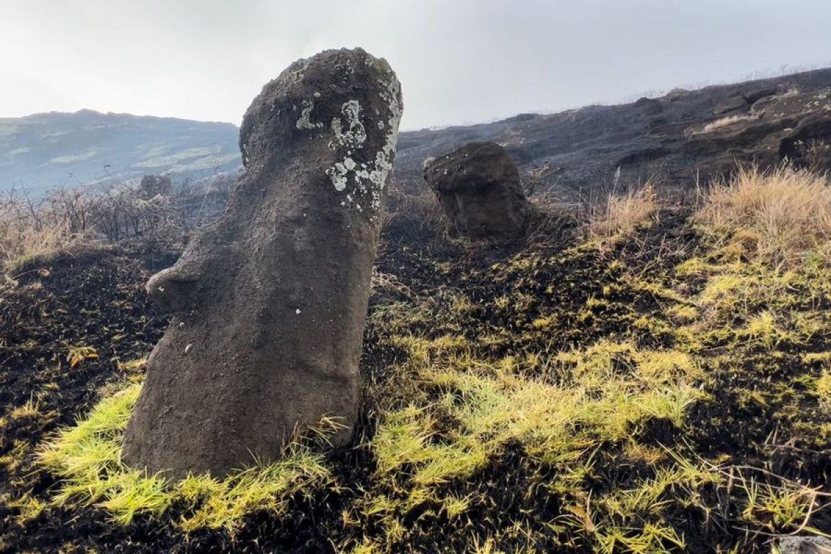 Rano Raraku sumendiaren magalean dauden moaiak kiskali ditu suak. RAPA NUIKO UDALA