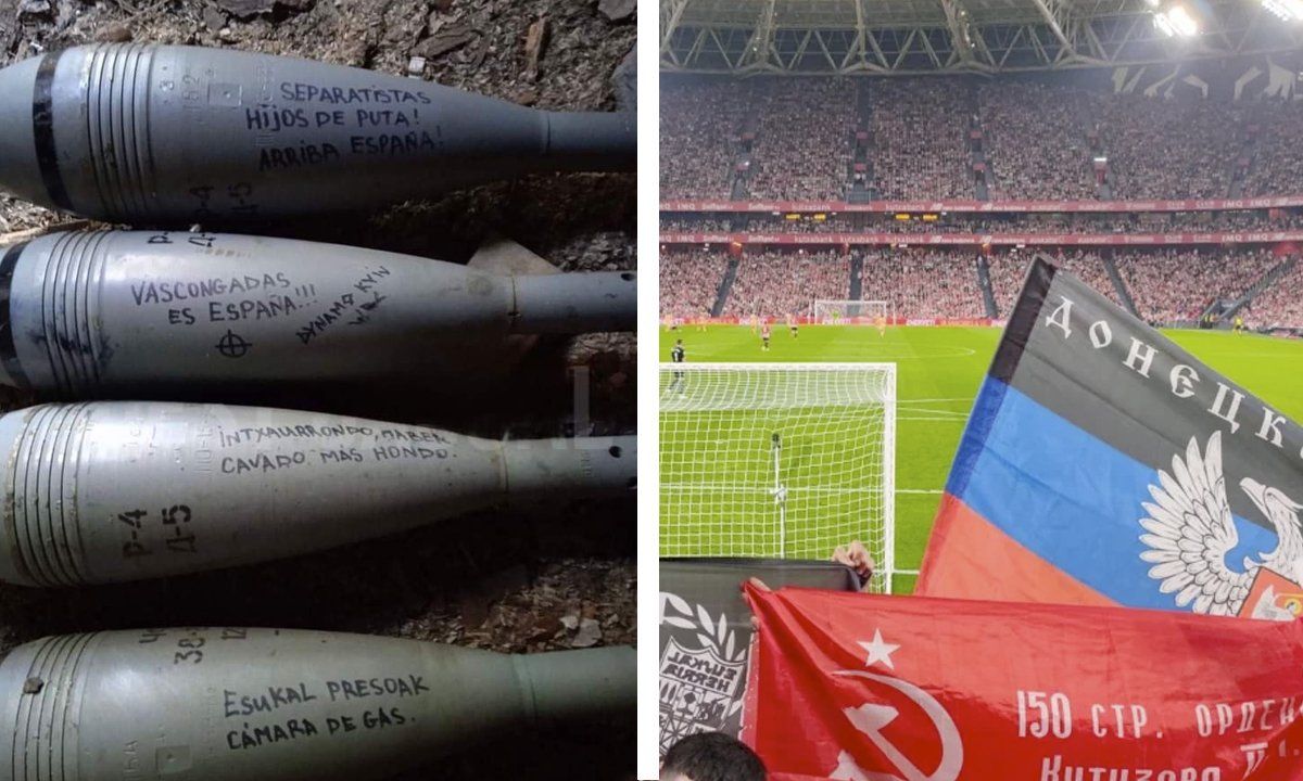 Dinamo Kieveko zaleek idatzi dituzten mezuak eta Donetskeko bandera, San Mamesen. BERRIA