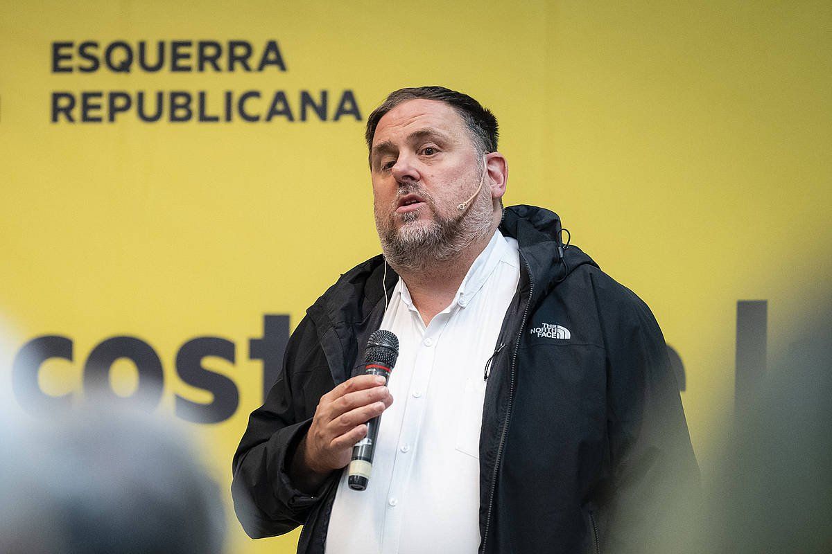 ERCko presidente Oriol Junqueras, alderdiak azaro amaieran egin zuen ekitaldi batean, Gironan. DAVID BORRAT / EFE