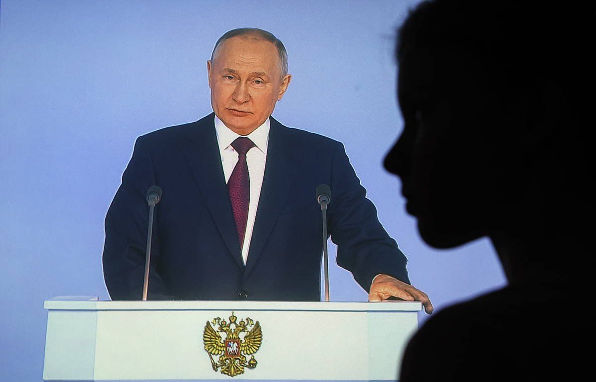 Vladimir Putin, Errusiako presidentea, nazioari buruzko hitzaldia emateko unean, Moskun. SERGEI LLNITSKY, EFE