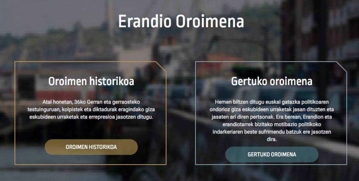 'Erandiooroimena.eus' webgunearen ataria. 'Gertuko oroimena' atalean zegoen informazioa blokeatu dute.