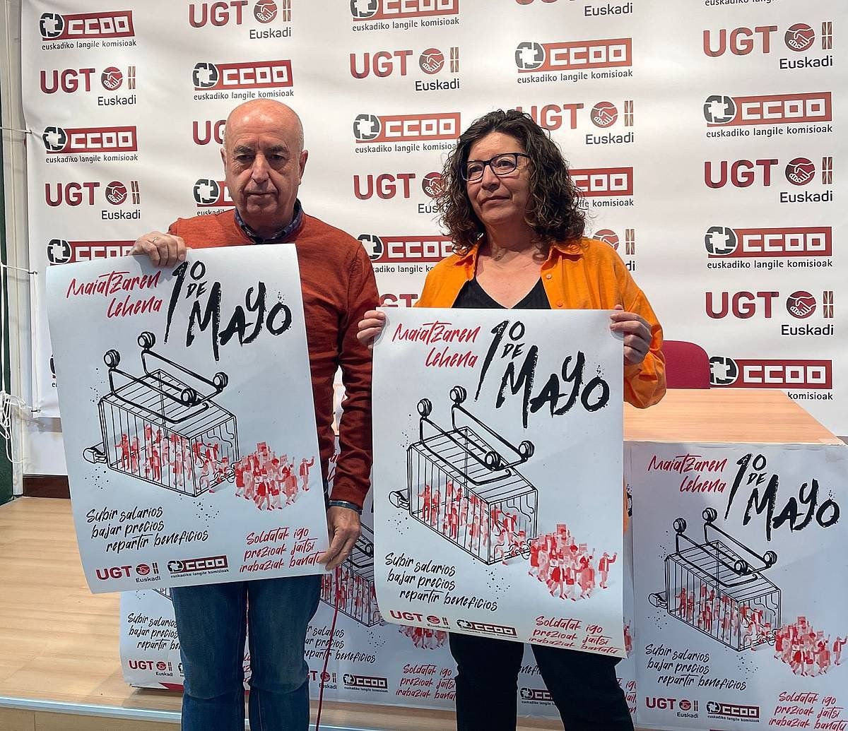 UGT Raul Arza eta CCOOko Loli Garcia, astearte honetaBilbon egindako agerraldian. CCOO