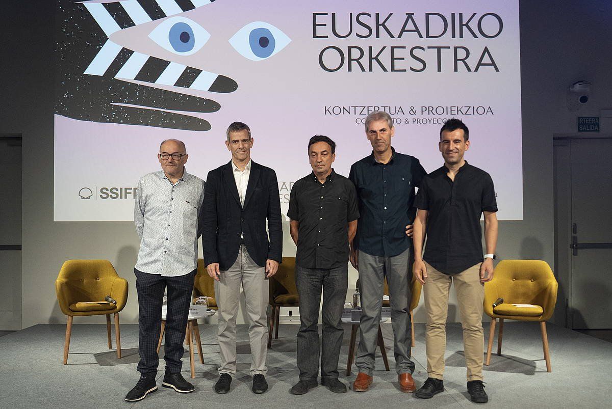 Euskadiko Orkestrak Zinemaldian emango duen kontzertu-proiekzioaren aurkezpena, gaur, Donostian. GORKA RUBIO