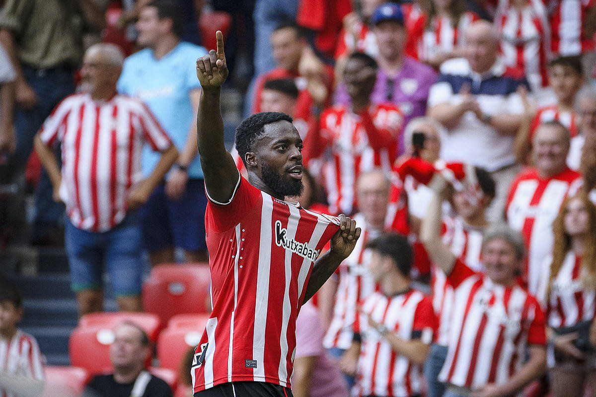 Iñaki Williams, hark sartutako gola ospatzen, gaur, San Mamesen. ARITZ LOIOLA / FOKU