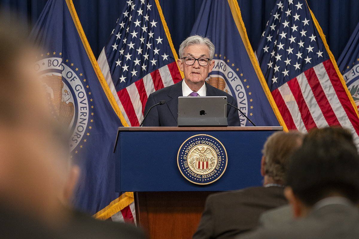 Jerome Powell Fed-eko presidentea atzo, Washingtonen, interes tasei buruzko azken erabakiaren berri ematen. SHAWN THEW / EFE