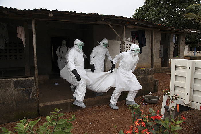 Mediku talde bat ebolak jota hildako baten gorpua eramaten, Morovian (Liberia). AHMED JALLANZO / EFE