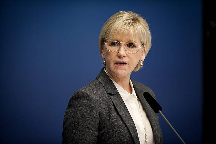 Margot Wallstrom Suediako Kanpo Harremanetarako ministroa, erabakiaren berri emateko egindako agerraldian. ANNIKA AF KLERCKER / EFE