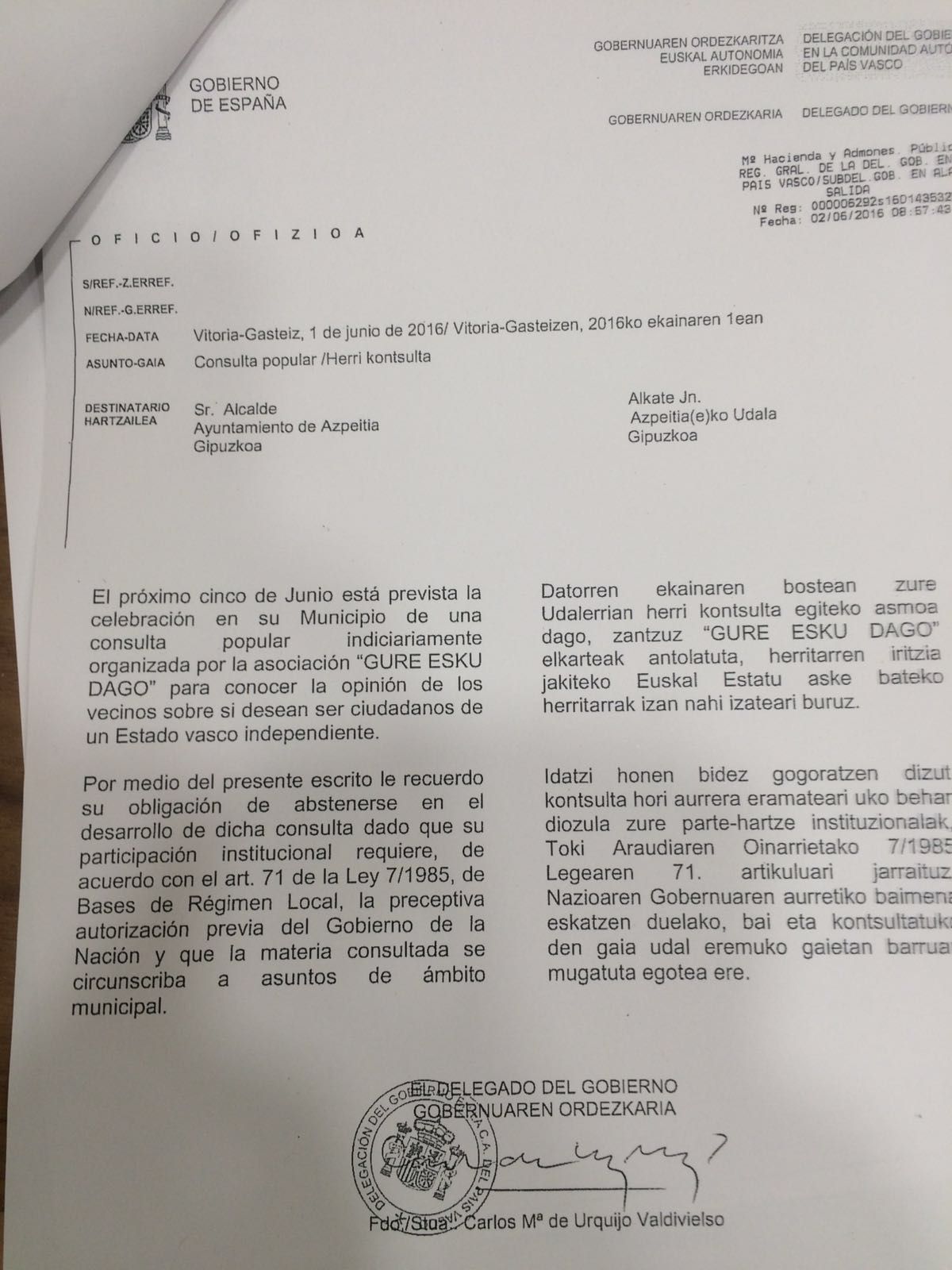 Eneko Etxeberria Azpeitiko alkateak jasotako gutuna. Eneko Etxeberria Azpeitiko alkateak jasotako gutuna.
