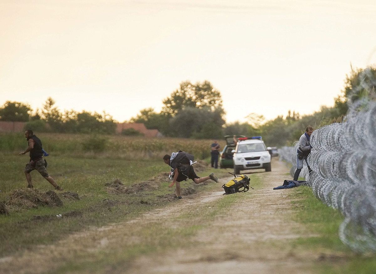 Migratzaileak, Hungariako Poliziarengandik ihesi, muga zeharkatu ostean, Roszken, atzo. ZOLTAN BALOGH / EFE.