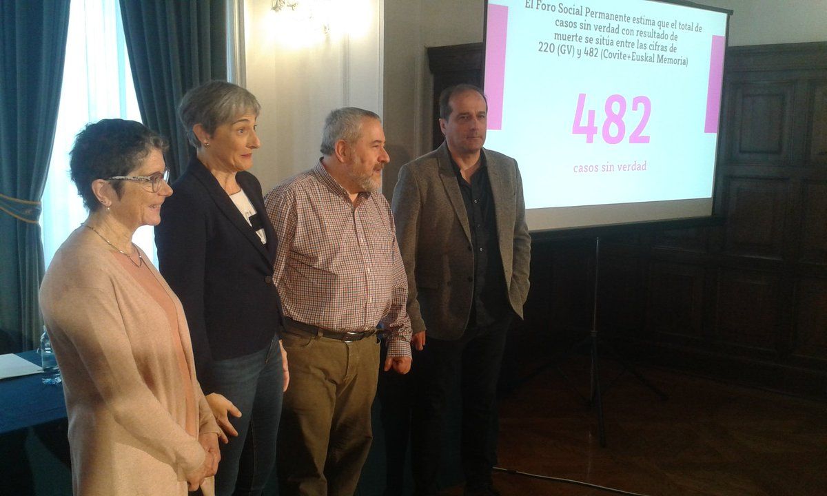 Teresa Toda, Nekane Alzelai, Fernando Armendariz eta Agus Hernan Foro Sozial Iraunkorreko kideak, Donostian. BERRIA