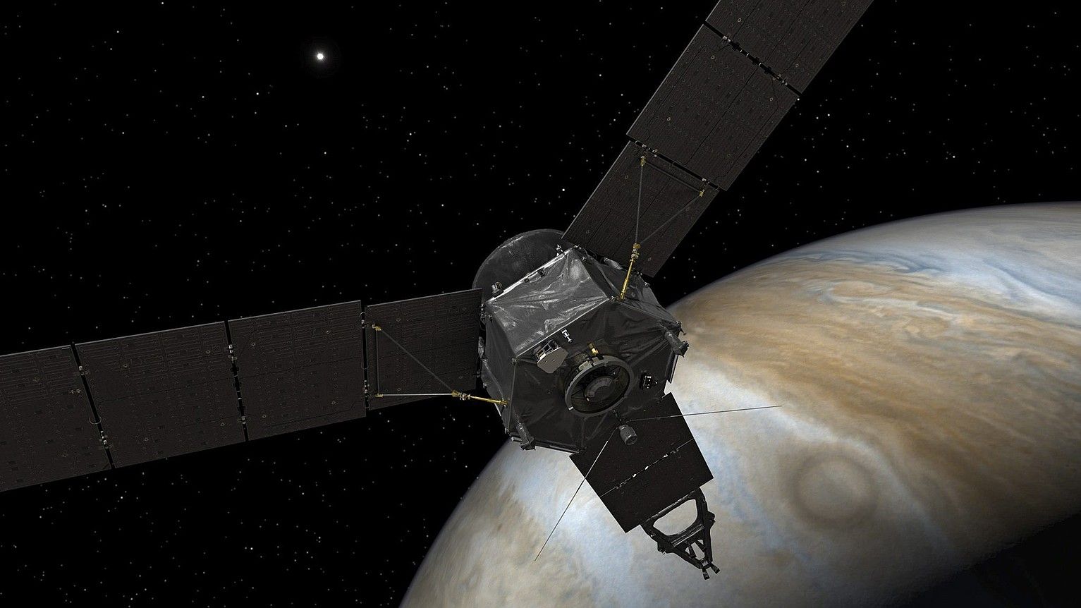 NASAk Juno zunda Jupiterren nola dagoen erakusteko egindako irudi bat. NASA / EFE.