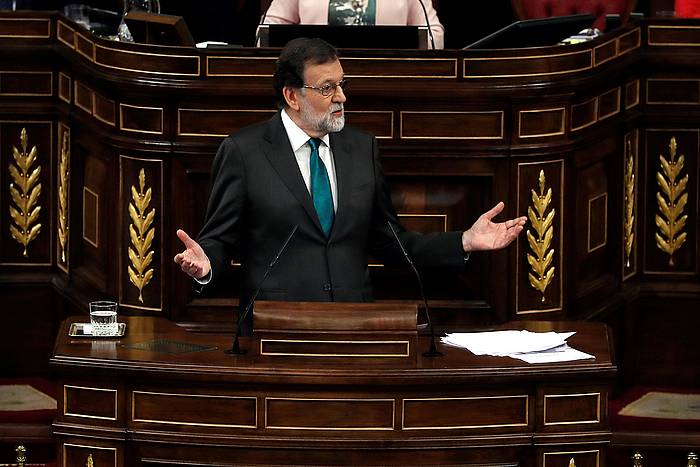 Mariano Rajoy Espainiako presidentea, haren aurkako zentsura mozioaren eztabaidan, gaur, Espainiako Kongresuan. JUAN CARLOS HIDALGO, EFE