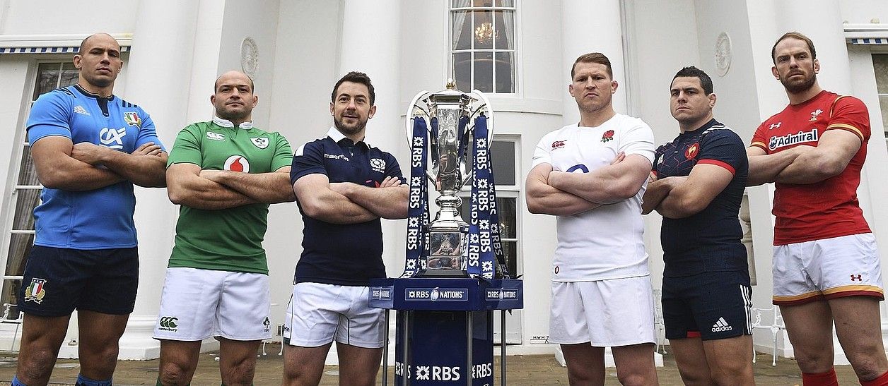 Sergio Parisse italiarra, Rory Best irlandarra, Greig Laidlaw eskoziarra, Dylan Hartley ingelesa, Guilhem Guirado frantziarra eta Alun Wyn Jones galesa, koparekin. EFE.