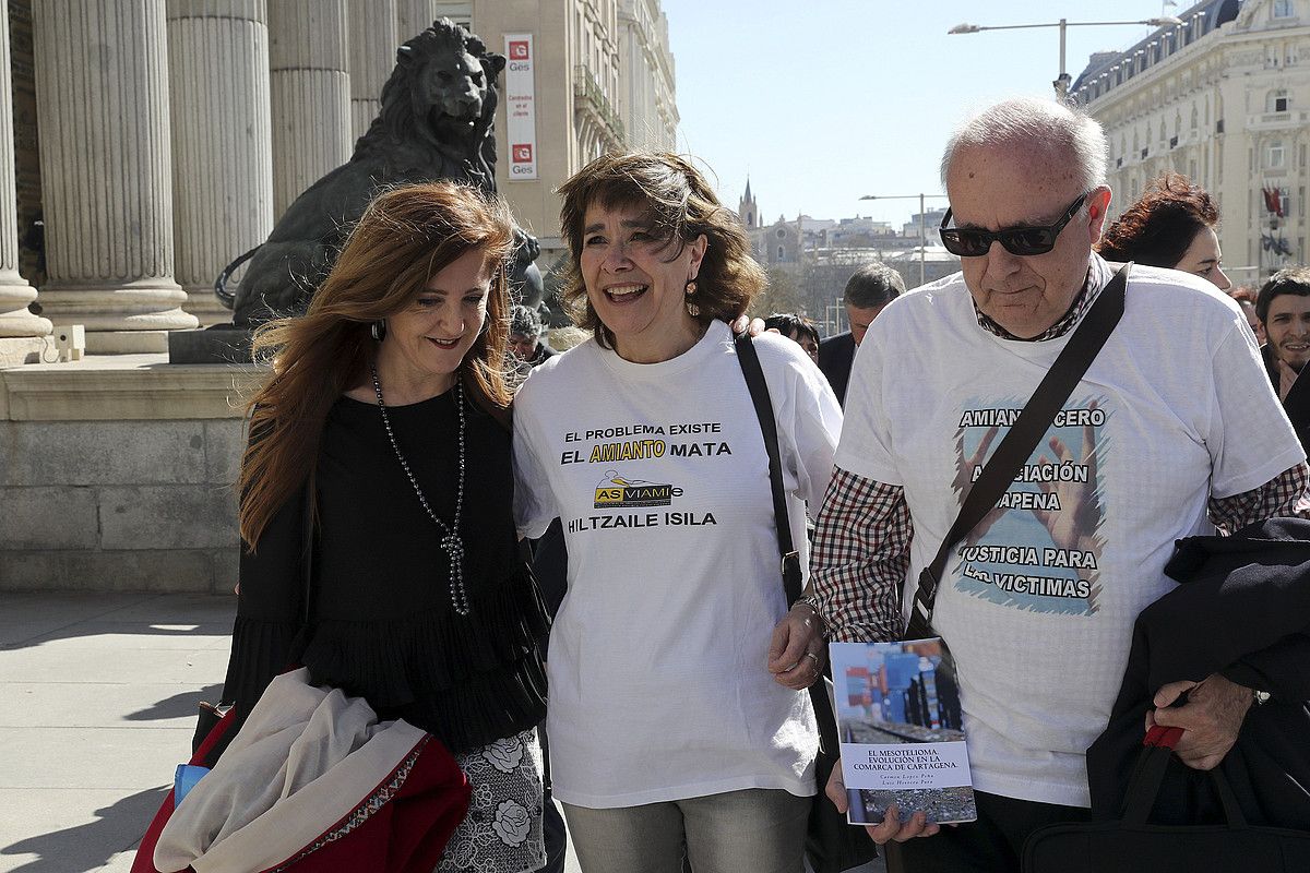 Asviamieko kideak eta Eusko Legebiltzarreko ordezkariak, atzo, Espainiako Kongresuaren atarian, Madrilen. CHEMA MOYA / EFE.