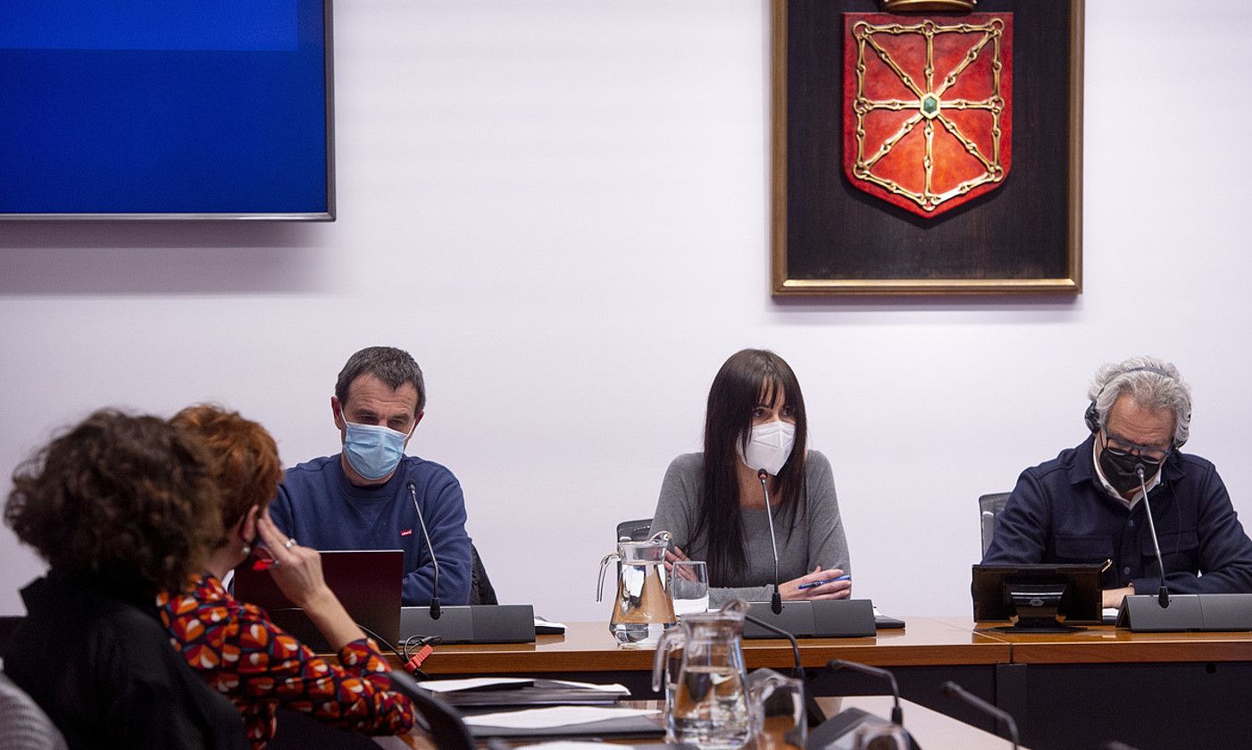 Aitor Elexpuru (Uema) eta Agurne Gaubeka (Behatokia), atzo, Nafarroako Parlamentuan. JAGOBA MANTEROLA / FOKU. Aitor Elexpuru (Uema) eta Agurne Gaubeka (Behatokia), atzo, Nafarroako Parlamentuan. JAGOBA MANTEROLA / FOKU.