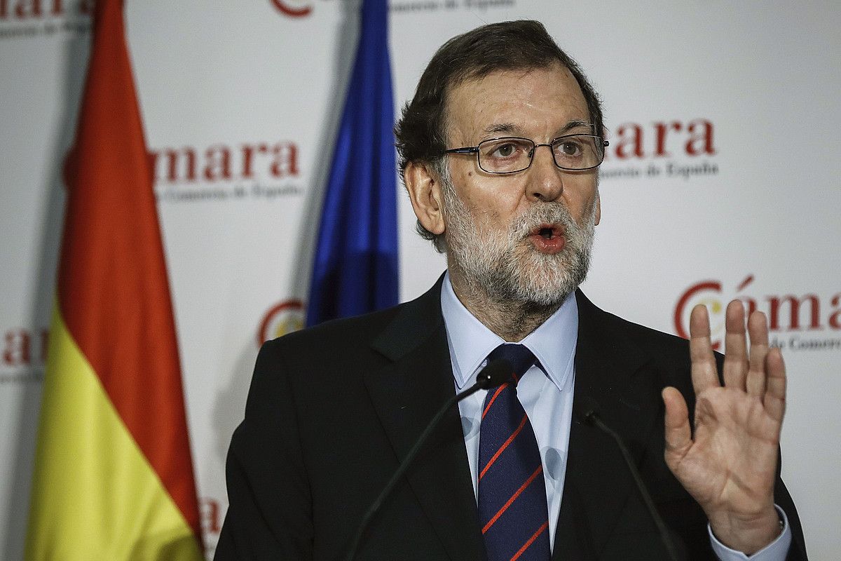 Mariano Rajoy Espainiako presidentea, atzo, Espainiako Merkataritza Ganberan eman zuen hitzaldian. EMILIO NARANJO / EFE.
