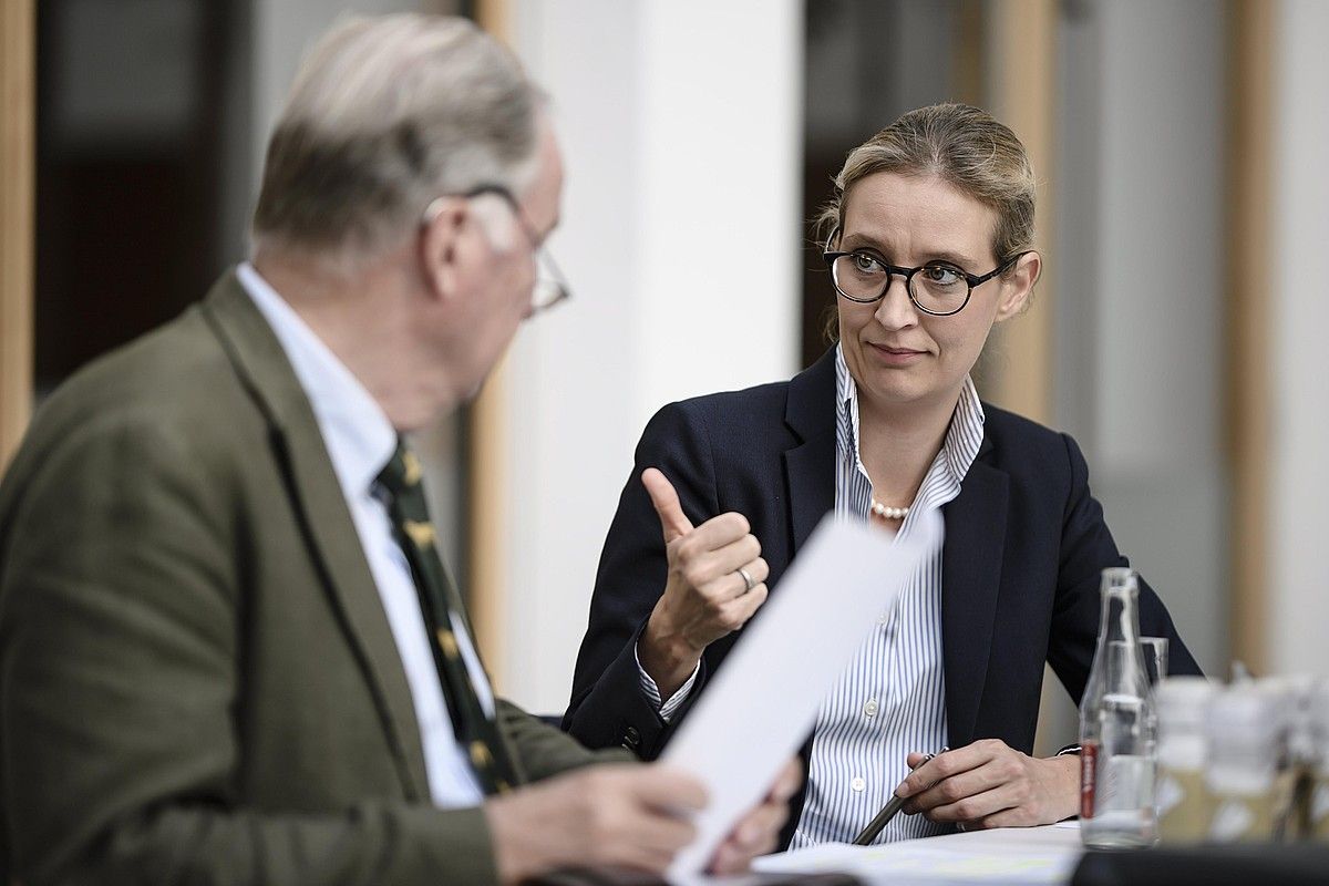 Frauke Petry alderdiburua alboratu, eta afixetan bi hautagai nagusi paratu ditu AfDk: irudian ageri diren Alexander Gauland eta Alice Weidel. CLEMES BILAN / EFE.