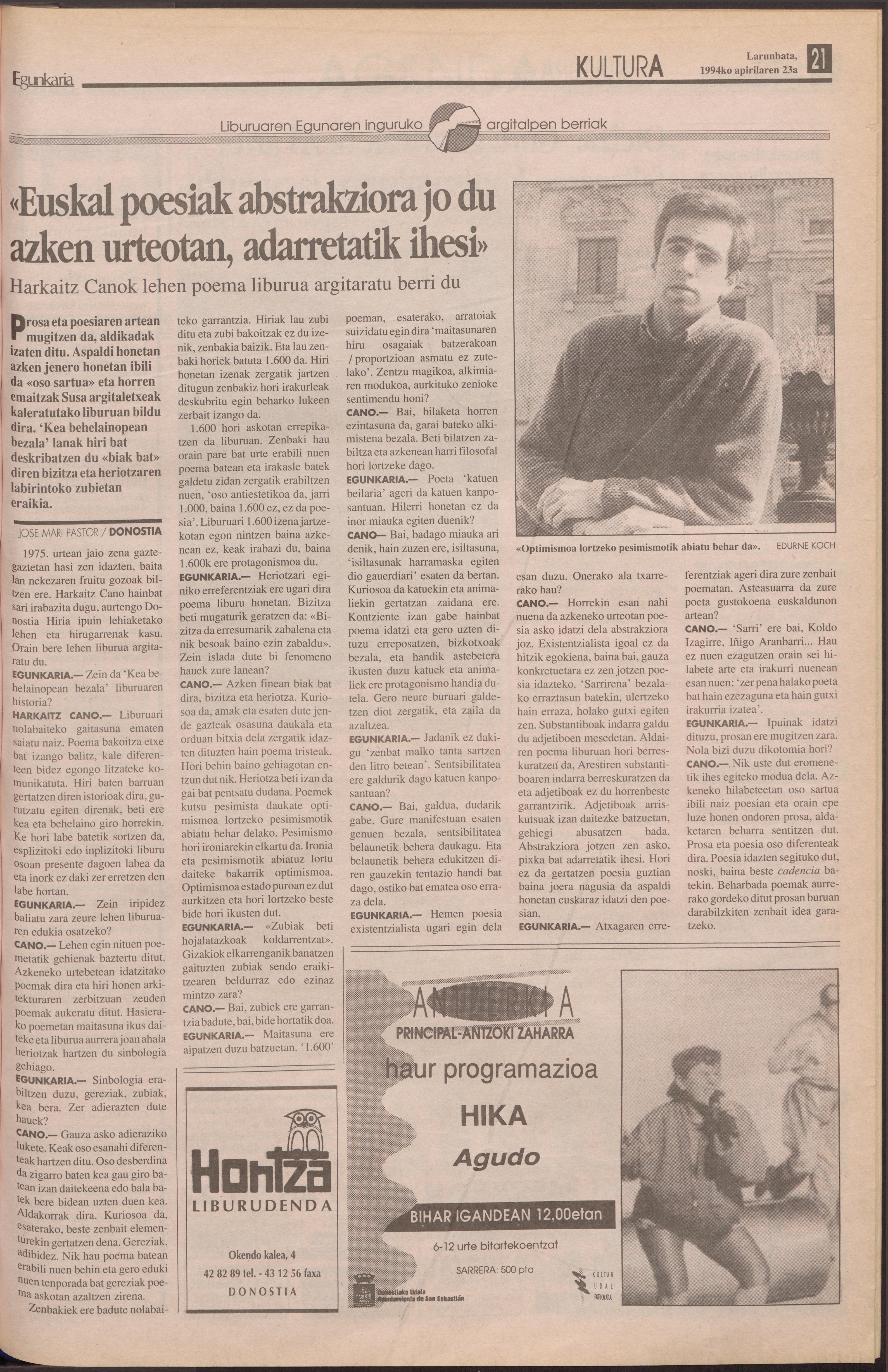 Harkaitz Cano idazleari elkarrizketa, 1994ko EGUNKARIAn