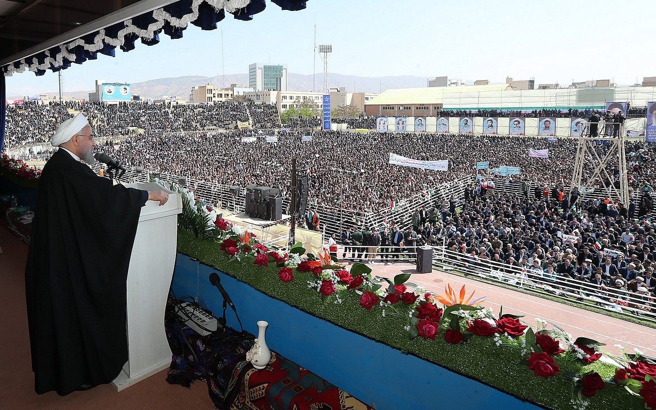 Hassan Rohani Irango presidentea, atzo, Tabriz hirian eman zuen hitzaldian. EFE.