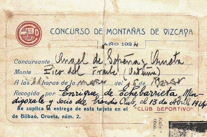 Angel Sopeña eskalatzaileak 1924ko martxoaren 16an Frailea haitza tontorrean utzitako txartela Angel Sopeña eskalatzaileak 1924ko martxoaren 16an Frailea haitza tontorrean utzitako txartela