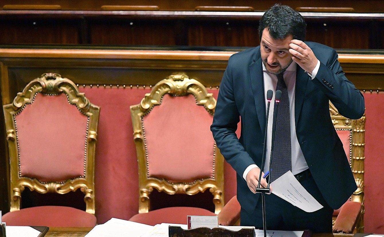 Matteo Salvini azalpenak ematen, atzo, Italiako Senatuan. ETTORE FERRARI / EFE.