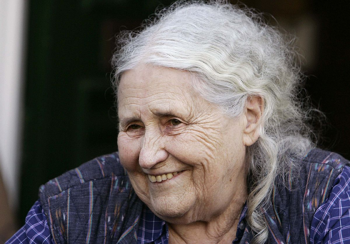 Doris Lessing idazlea, Literaturako Nobel saria jasoko zuela jakin berritan, Londresko bere etxeko atarian, 2007ko irudi batean. LEFTERIS PITARAKIS / AP.