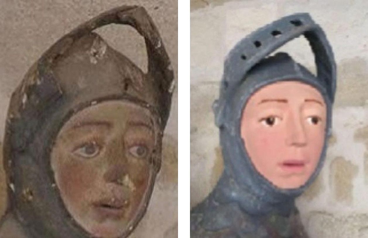 XVI. mendeko Done Jurgi eskultura, zaharberritzearen aurretik eta ondoren. ARTUS PATRIMONIO. XVI. mendeko Done Jurgi eskultura, zaharberritzearen aurretik eta ondoren. ARTUS PATRIMONIO.