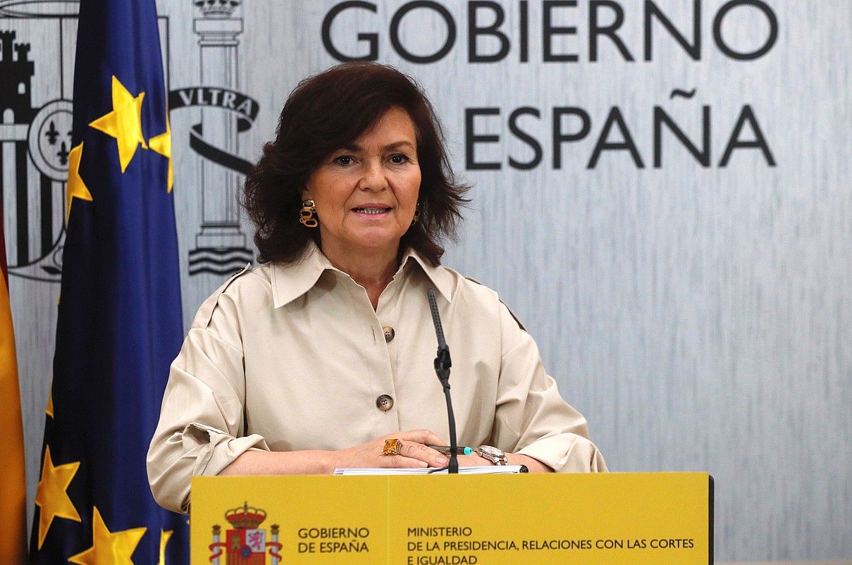 Carmen Calvo presidenteordea, aste honetako agerraldi batean. F. ALVARADO / EFE. Carmen Calvo presidenteordea, aste honetako agerraldi batean. F. ALVARADO / EFE.