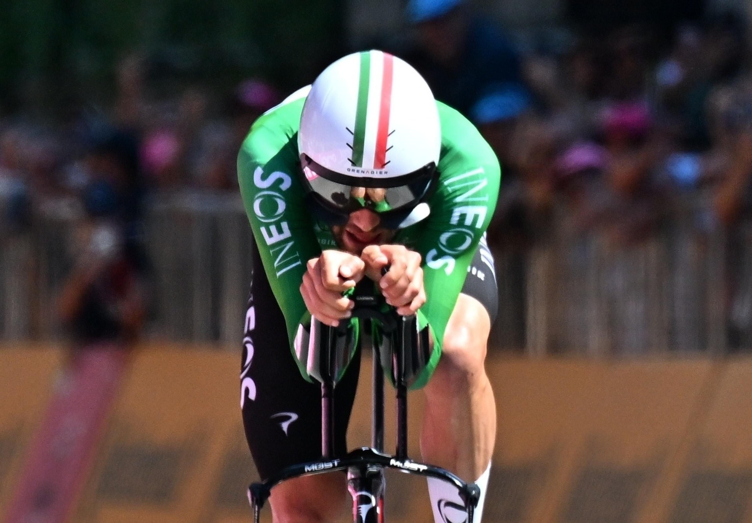 Filippo Ganna helmugara bidean, gaurko erlojupekoan. ITALY CYCLING