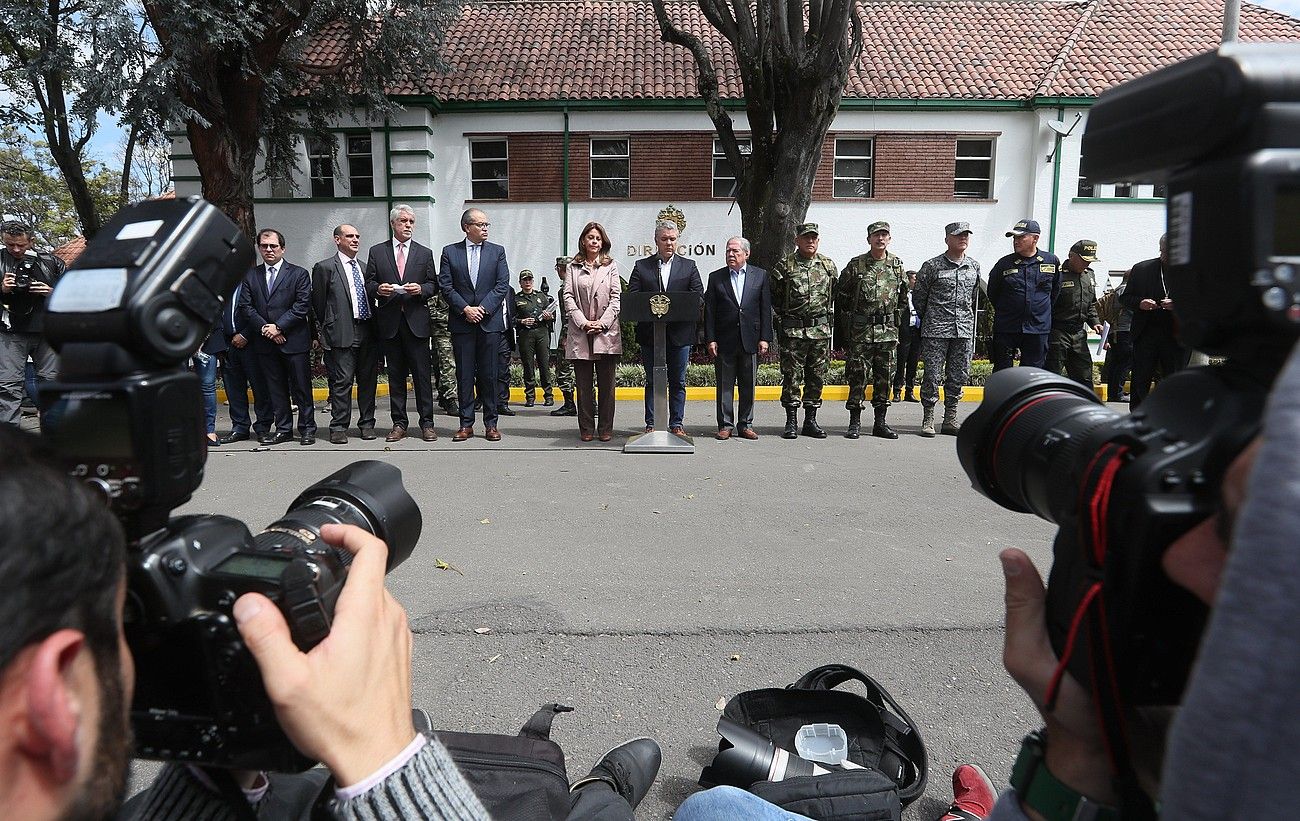 Ivan Duque Kolonbiako presidentea, atzo emandako prentsaurrekoan, Bogotan. MAURICIO DUEÑAS CASTAÑEDA / EFE.