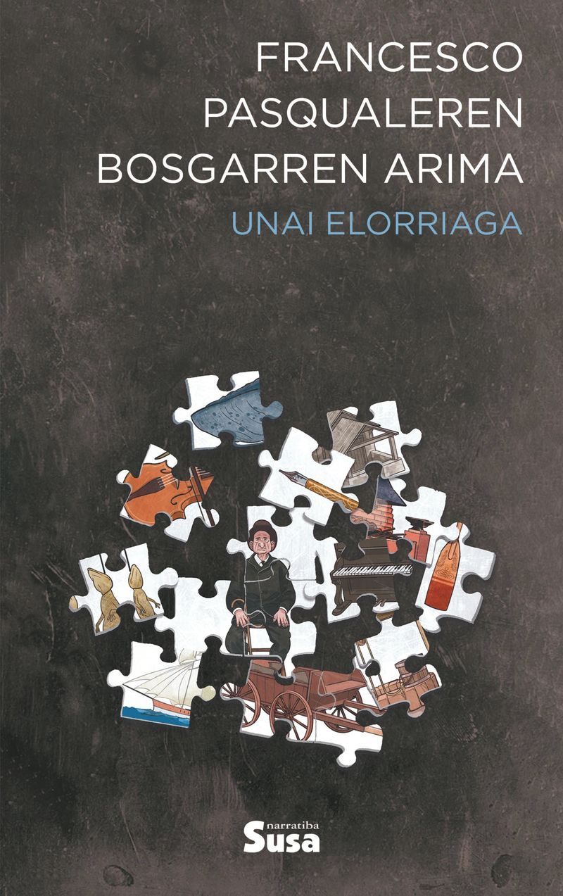 Unai Elorriagaren 'Franceco Pasqualeren bosgarren arima' liburuaren azala. Unai Elorriagaren 'Franceco Pasqualeren bosgarren arima' liburuaren azala.