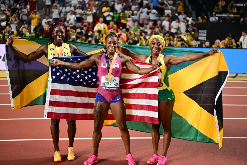 2023ko Munduko Txapelketan Richardson estatubatuarrak garaitu zituen Fraser-Pryce eta Jackson jamaikarrak 100 metroko proban. CHRISTIAN BRUNA/EFE 2023ko Munduko Txapelketan Richardson estatubatuarrak garaitu zituen Fraser-Pryce eta Jackson jamaikarrak 100 metroko proban. CHRISTIAN BRUNA/EFE
