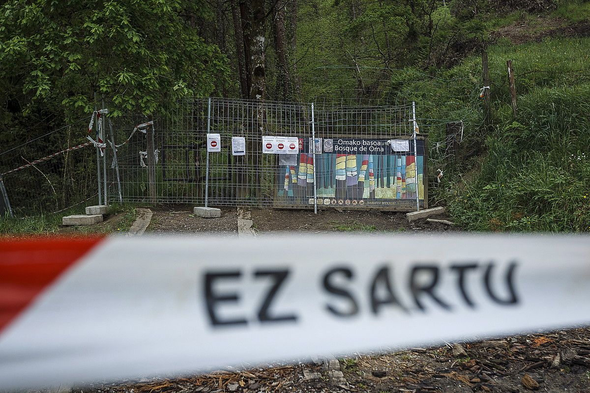 Omako baso margotuaren sarrerak hesituta daude, baina jende asko sartu da Aste Santuan. ARITZ LOIOLA / FOKU. Omako baso margotuaren sarrerak hesituta daude, baina jende asko sartu da Aste Santuan. ARITZ LOIOLA / FOKU.