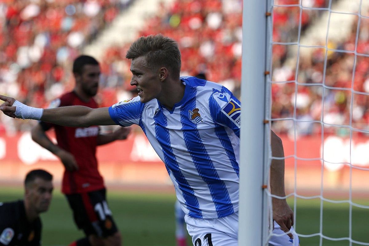Martin Odegaard, Mallorcari sartutako gola ospatzen. Realarekin sartutako lehena da. REALA. Martin Odegaard, Mallorcari sartutako gola ospatzen. Realarekin sartutako lehena da. REALA.