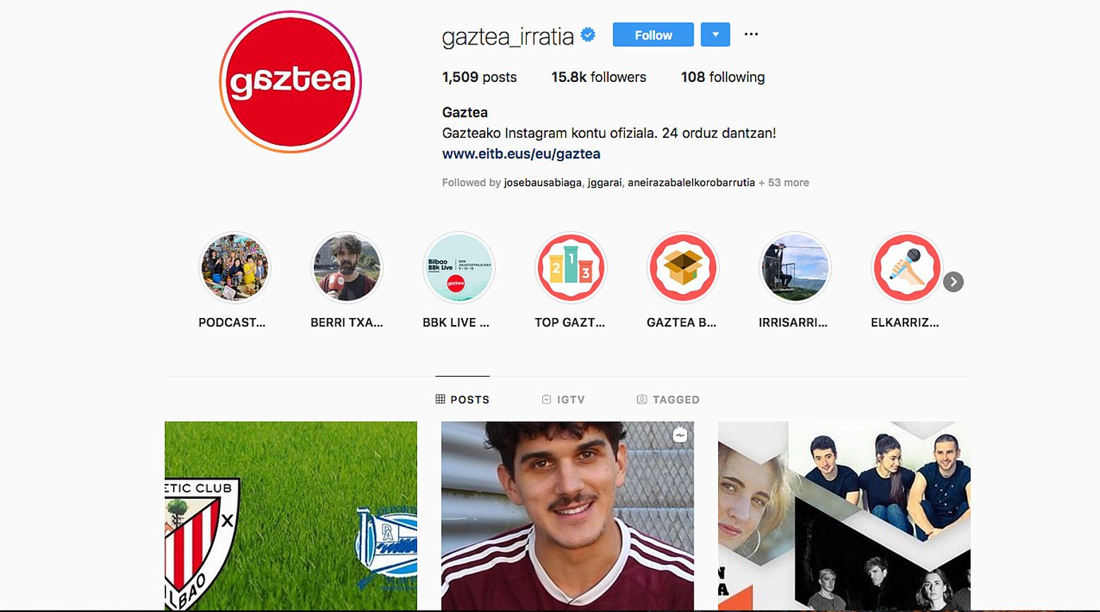 Gaztearen Instagrameko kontuak 15.800 jarraitzaile baino gehiago ditu. BERRIA.