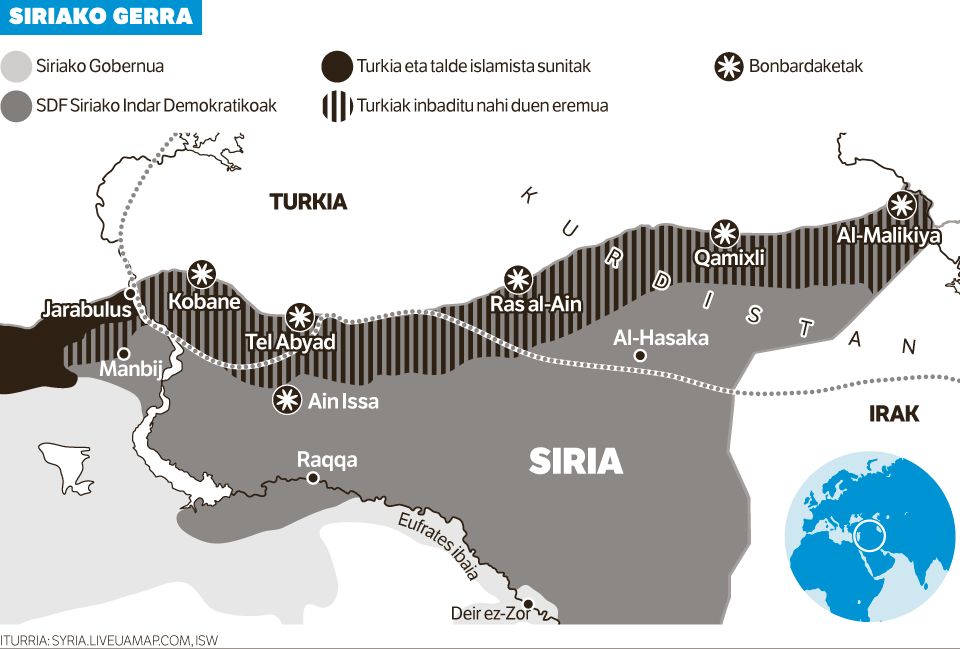Turkiak lurreko erasoa abiatu du Rojavan, bonbardaketak egin ostean. Turkiak lurreko erasoa abiatu du Rojavan, bonbardaketak egin ostean.
