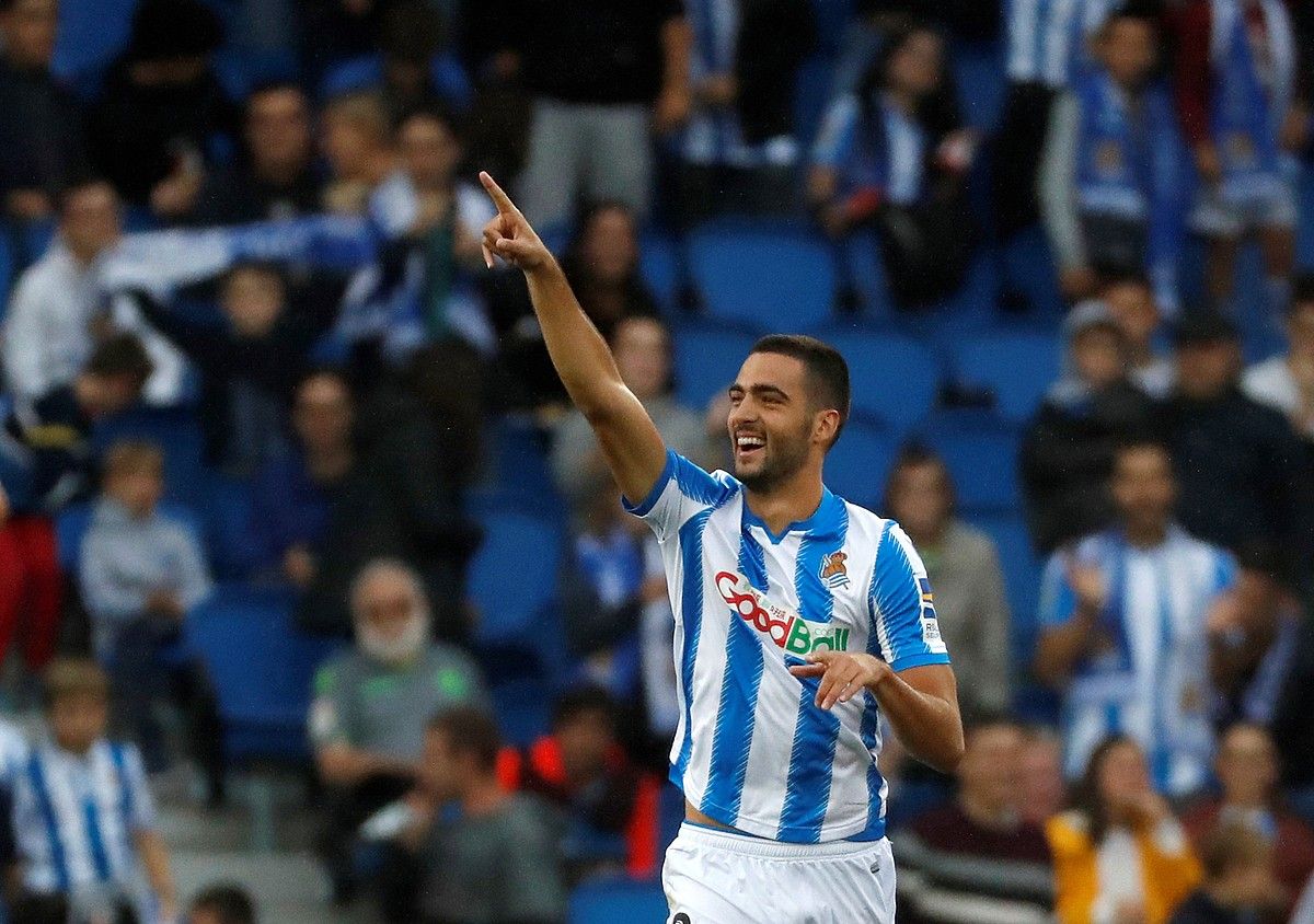 Mikel Merino, Getaferi sartutako gola ospatzen. JAVIER ETXEZARRETA / EFE.