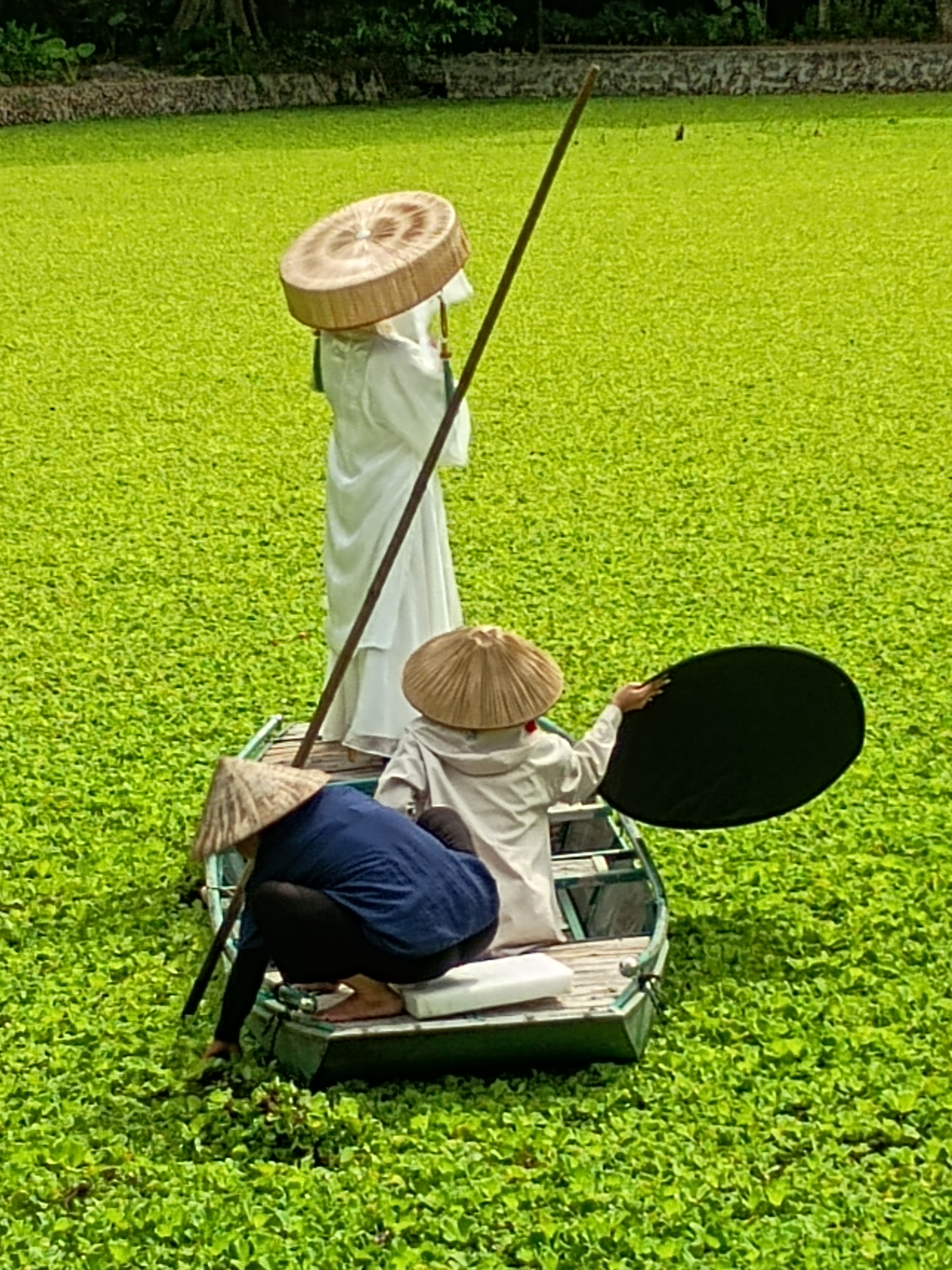 Vietnamdar emakume bat zeremoniaz jantzita eta beste bi emakume nekazal jantziz ontzi batean, loto landarez eztalitako urmahelean Vietnamdar emakume bat zeremoniaz jantzita eta beste bi emakume nekazal jantziz ontzi batean, loto landarez eztalitako urmahelean