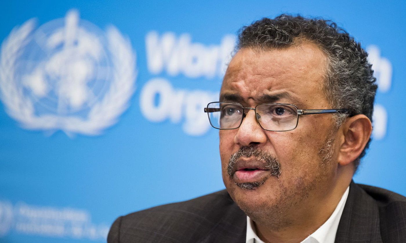 Tedros Adhanom OMEko burua, atzo eginiko prentsaurrekoan. JEAN-CHRISTOPHE BOTT / EFE. Tedros Adhanom OMEko burua, atzo eginiko prentsaurrekoan. JEAN-CHRISTOPHE BOTT / EFE.