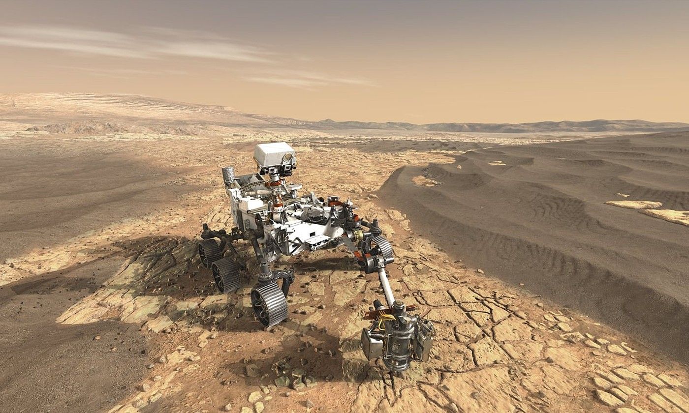 NASAren Mars 2020 ibilgailu esploratzailea Marten irudikatzen duen marrazkia. NASA.