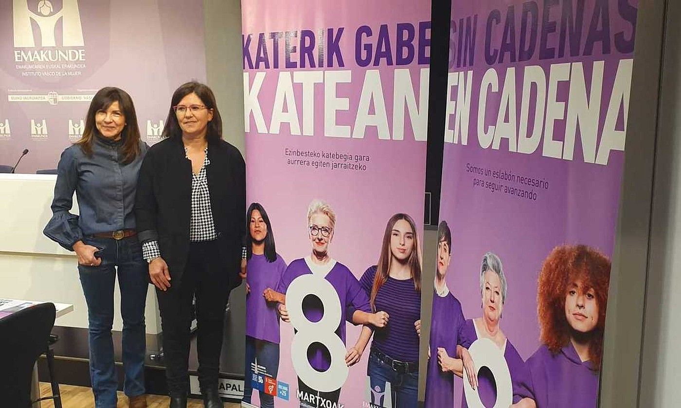 Landaida eta Elordi, Emakunderen Martxoaren 8ko kanpaina aurkezten, atzo goizean, Gasteizen. EMAKUNDE. Landaida eta Elordi, Emakunderen Martxoaren 8ko kanpaina aurkezten, atzo goizean, Gasteizen. EMAKUNDE.