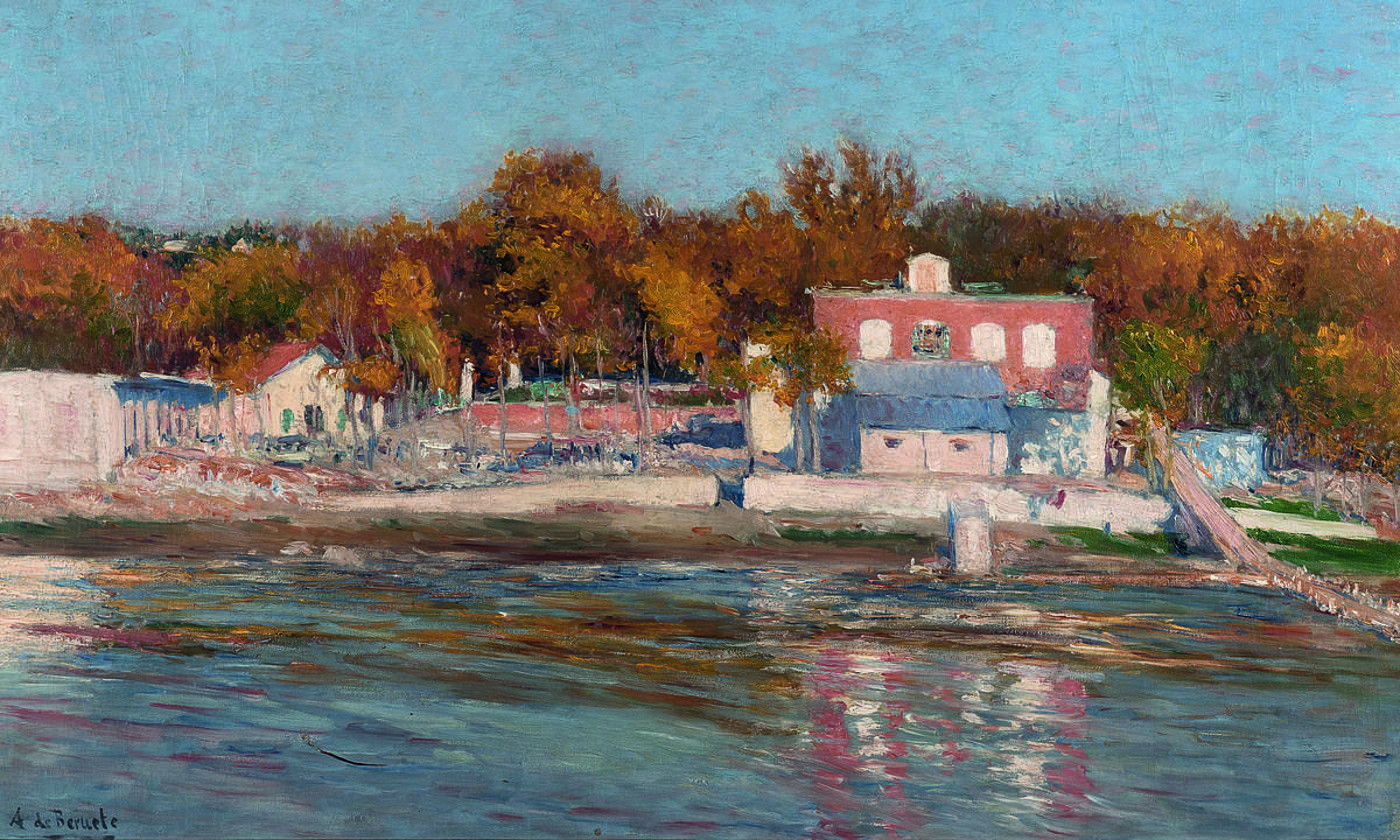 Aureliano Beruete artistaren 1906ko Manzanaresen ertzak margolana da erakusketan ikus daitezkeen lanetako bat. BILBOKO ARTE EDERREN MUSEOA.