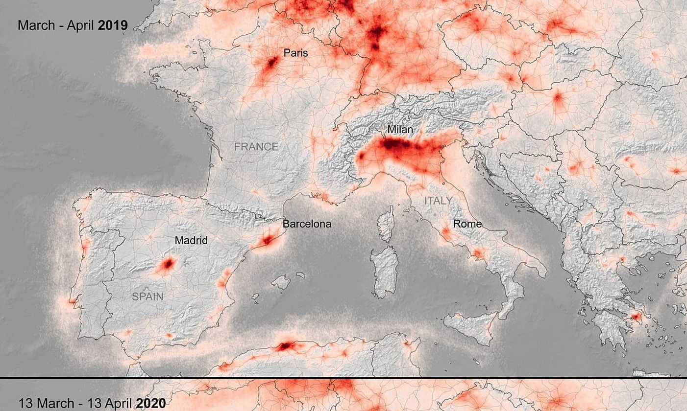Europako Aire Espazioaren mapa bat, erakutsiz NO2 kutsadura pandemia aurretik eta ondoren. ESA HANDOUT / EFE.
